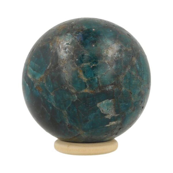Mooie donkerblauwe apatiet bol met diameter van 64mm en houten ringetje