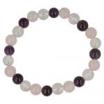 Gouden driehoek armband met 8mm kralen in bergkristal, amethist en rozenkwarts aan rekbaar koord