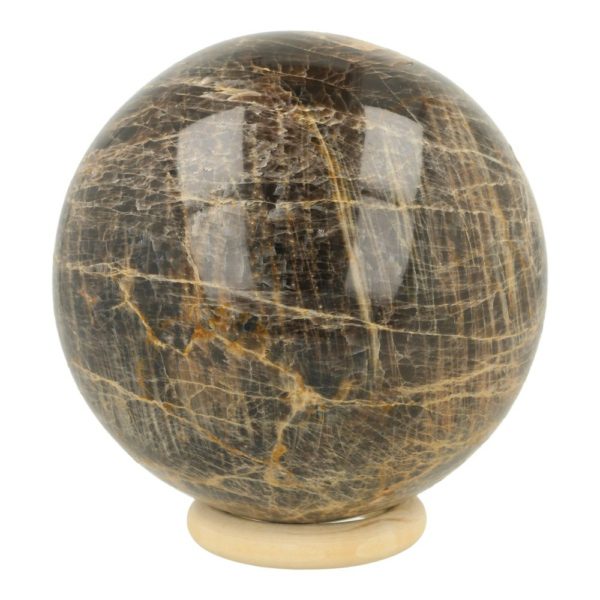 Flinke zwarte maansteen bol van ruim 10,5cm diameter op houten ring