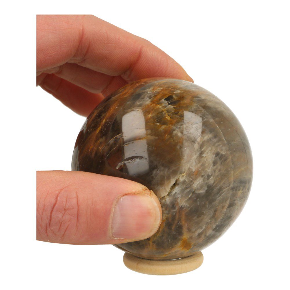 Detail in hand van heldere zwarte maansteen bol van 7cm met mooie glans