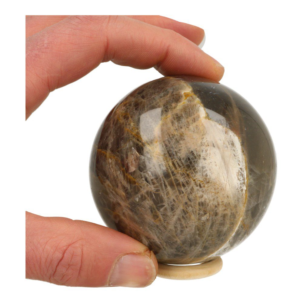 achterzijde van de fraaie zilveren glans op de zwarte maansteen bol van 7,5cm, in hand