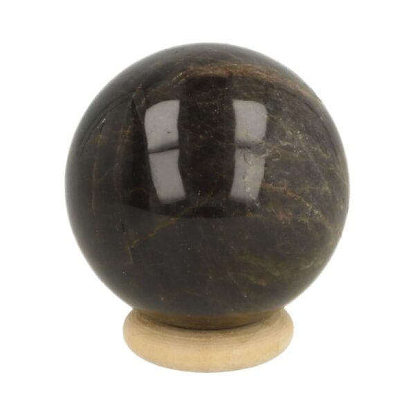 Zwarte maansteen bol van 4cm met houten ringetje