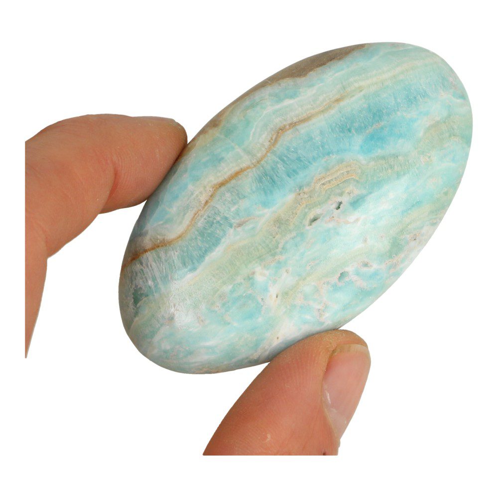 Mooie carribean blue calciet handsteen van ongeveer 7cm lang , voorbeeld 1