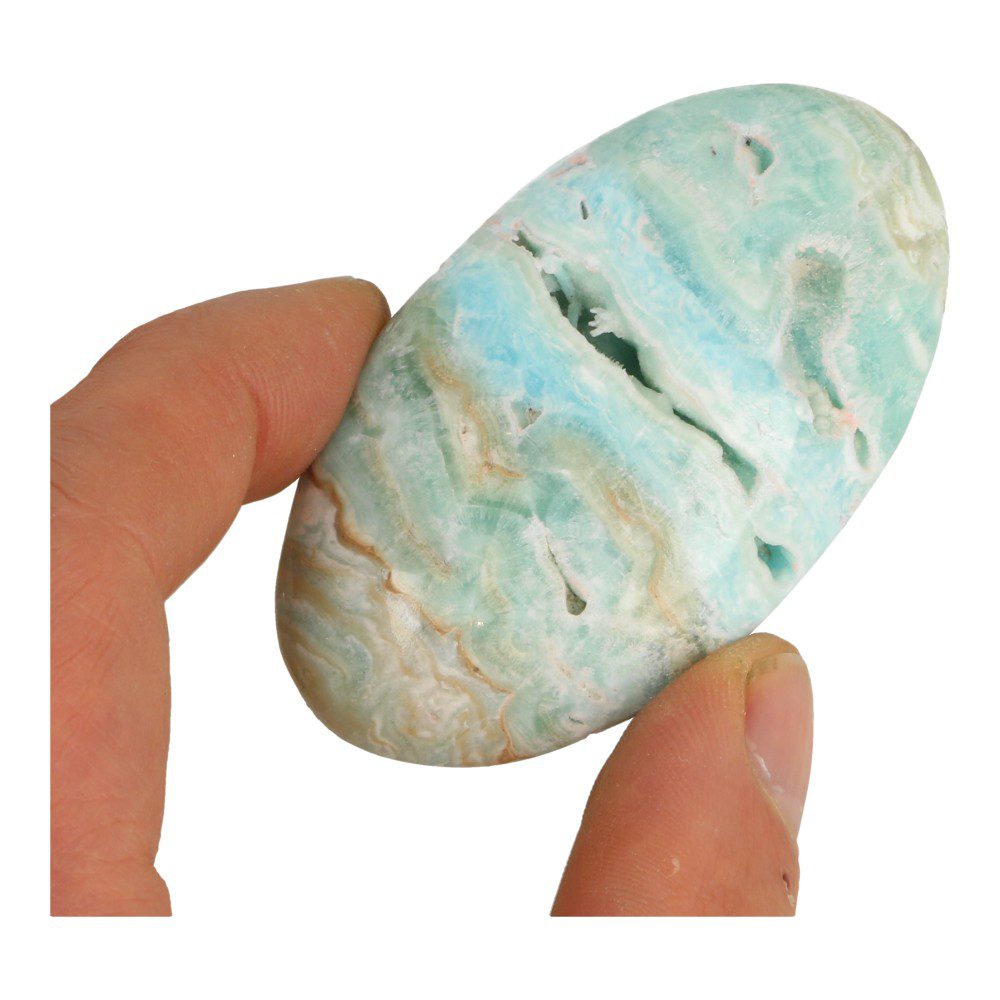 Mooie carribean blue calciet handsteen van ongeveer 7cm lang, voorbeeld 2