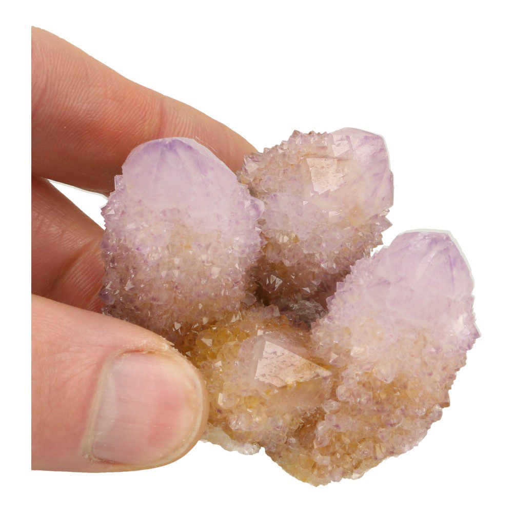Detail van de bovenzijde van fraai cluster spiritkwarts van 4,5 x 5,5cm met mooie kristallen.