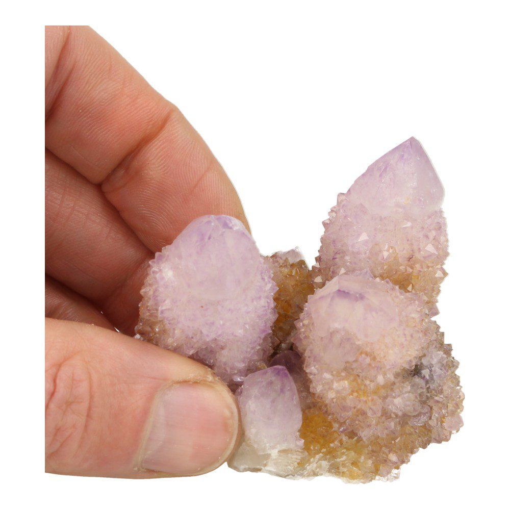 Detail achterkant van fraai cluster spiritkwarts van 4,5 x 5,5cm met mooie kristallen.