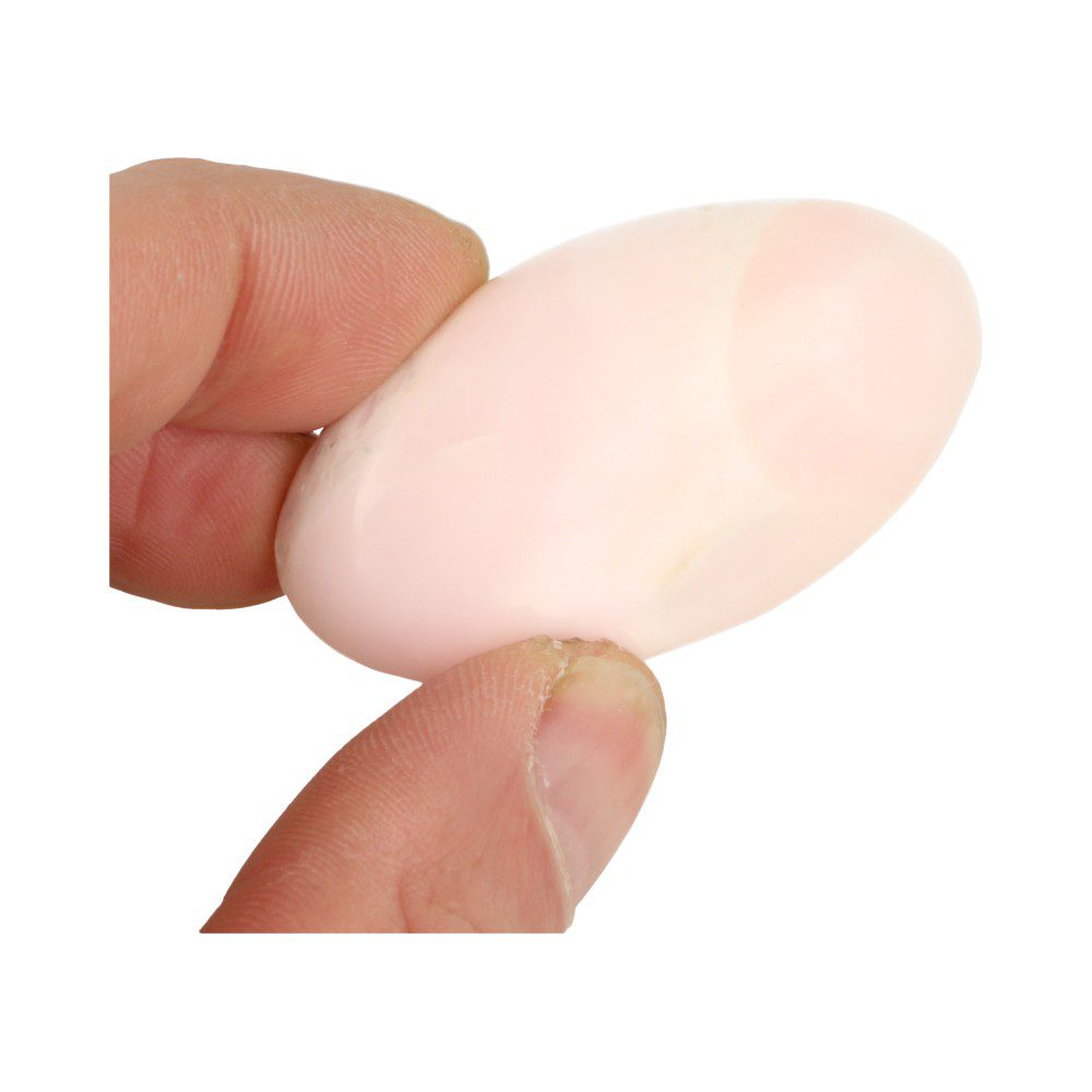 Achterzijde van Heerlijk heldere roze mangano calciet handsteen die lekker plat is