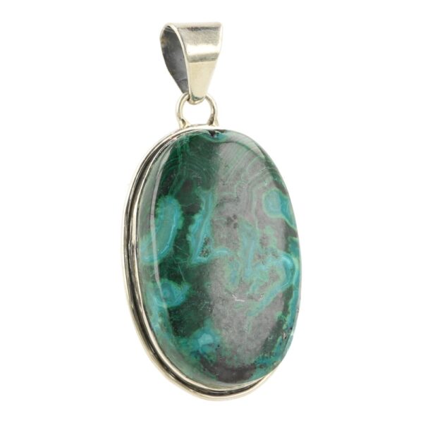 Fraaie malachiet met chrysocolla hanger in zilver, afgewerkt met strakke zilver rand