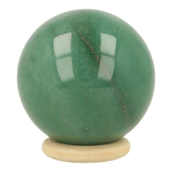 Fraaie groene aventurijn bol met diameter van 5cm en houten ring, nummer 1