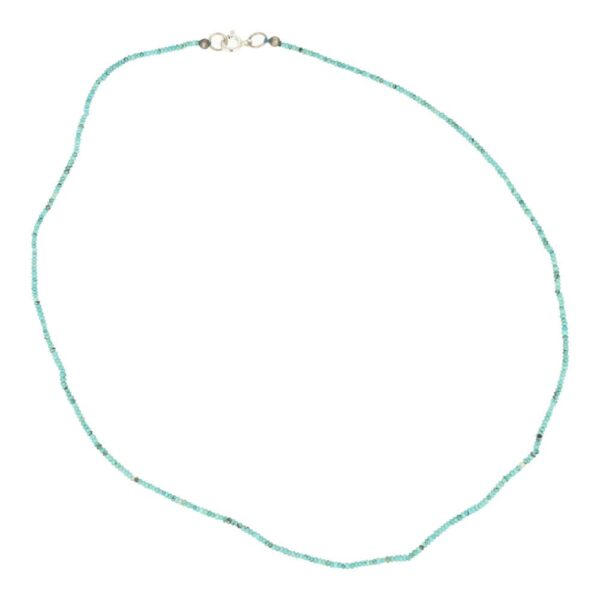 Fijne turquoise ketting met kralen van 1,5mm diameter en lente van 45cm