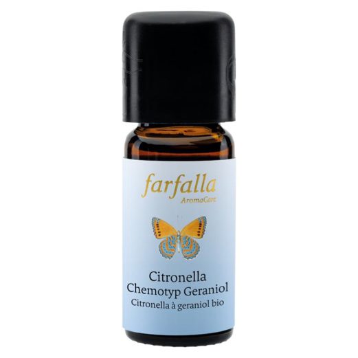 Essentiele olie van citronella van het Zwitserse merk Farfalla. Biologisch en met respect voor mens en natuur, 10ml
