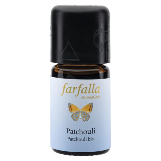 Essentiele olie van biologische patchouli van Farvalla in een flesje van 5ml