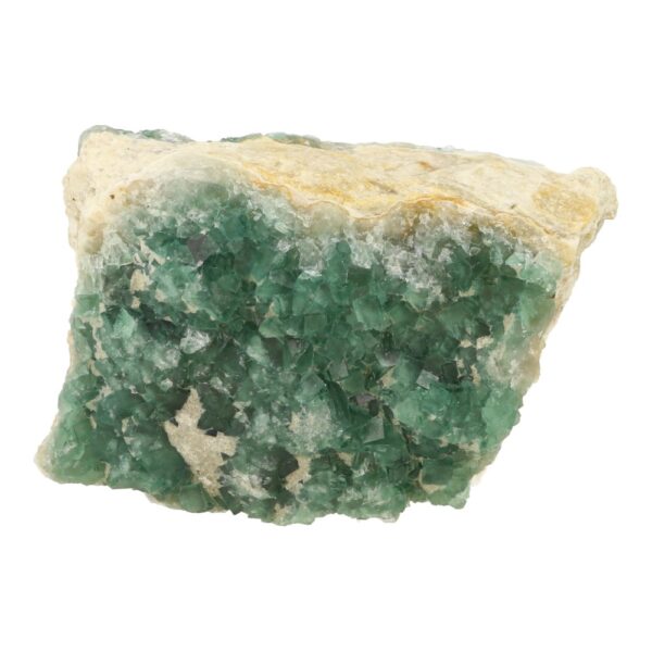 Leuk stukje ruwe groene fluoriet met aan beide zijdes fluoriet kristallen
