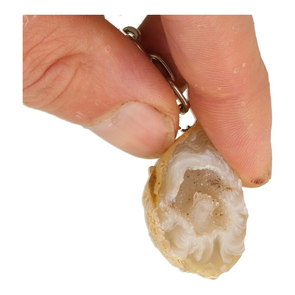 Leuke agaat sleutelhanger met een agaat geode van 3-4cm aan metalen ketting met ring - detail 1