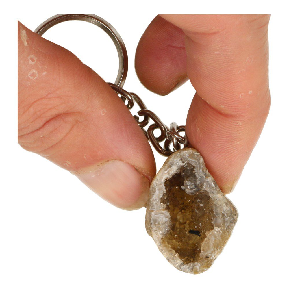 Leuke agaat sleutelhanger met een agaat geode van 3-4cm aan metalen ketting met ring - detail 2