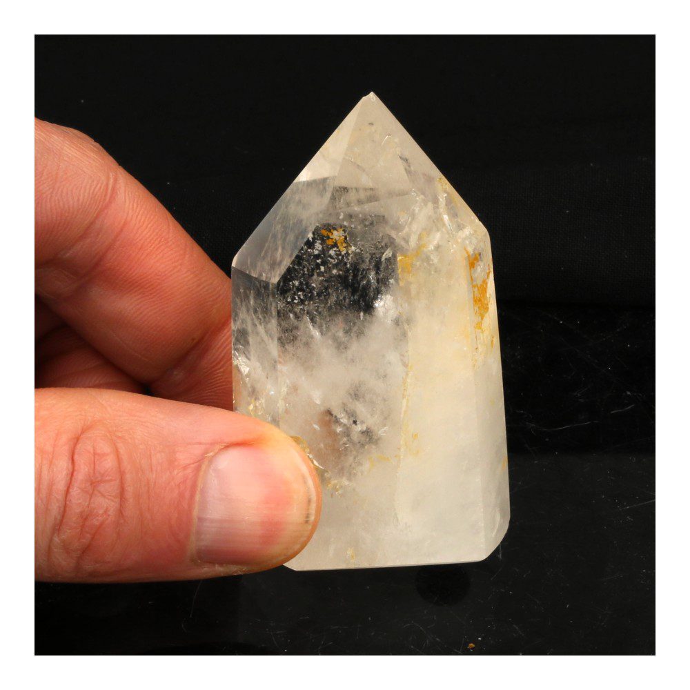 Fraaie gepolijste bergkristal punt uit Madagaskar, met mooie heldere bergkristal, behorende bij gouden driehoek set GD13