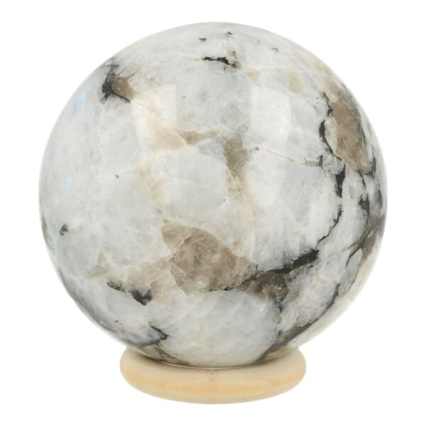 Fraaie witte maansteen bol met mooie gloed en diameter van 73mm, inclusief houten ring