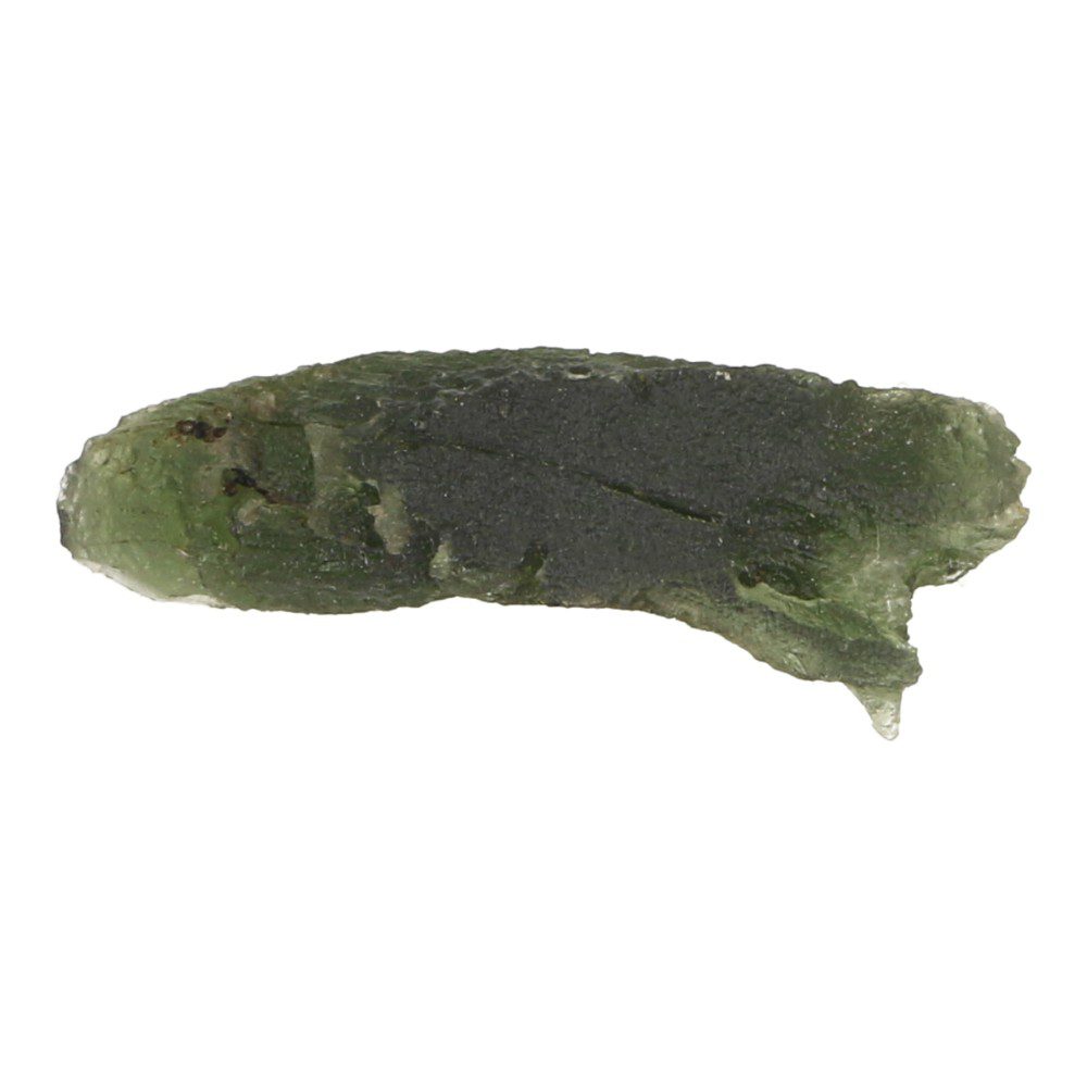 Bijzonder grillig stuk moldaviet met holtes en vlakke kant van 34mm lang en 5,8 gram - bovenzijde