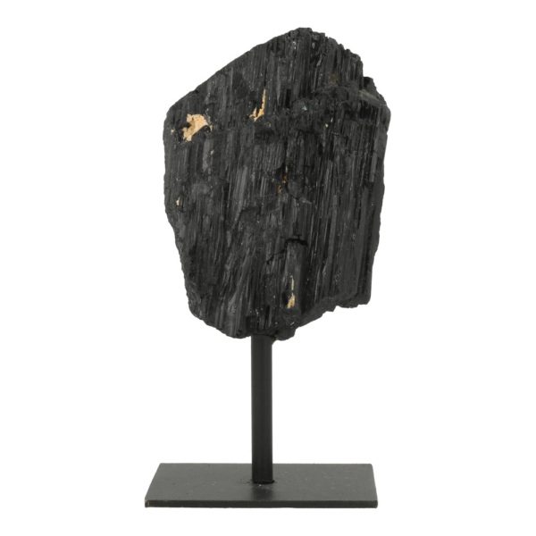 Fraai stuk zwarte toermalijn op metalen standaard met een hoogte van 14cm