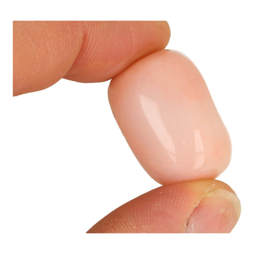 Voorbeeld van een A-kwaliteit roze opaal trommelsteen in de hand