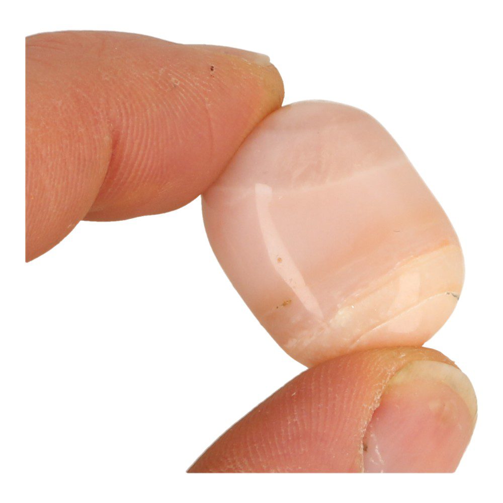 2e Voorbeeld van een A-kwaliteit roze opaal trommelsteen in de hand