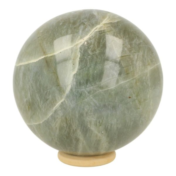 Fraaie groene maansteen bol van 77m met houten ring en fijne zachte energie