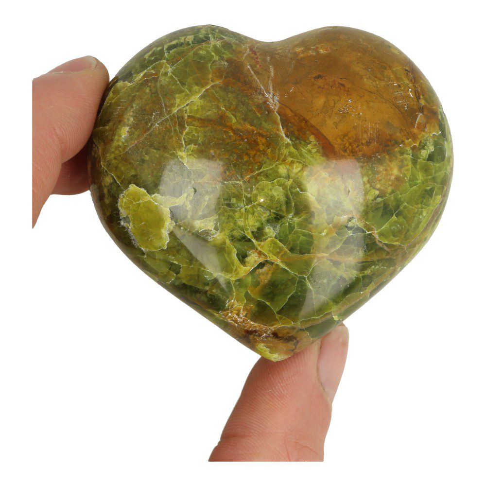 Fraai groene opaal hart van 76mm breed en 4,5cm dik uit Madagaskar, in hand
