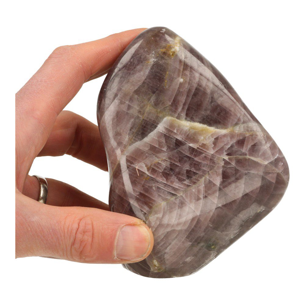 Achterzijde met hand van Fraaie paarse angeliet gepolijste vorm van 126mm hoog uit Madagaskar