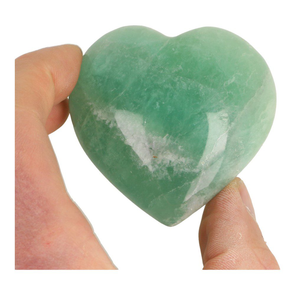 Helder groene fluoriet hart van 66mm breed - in hand