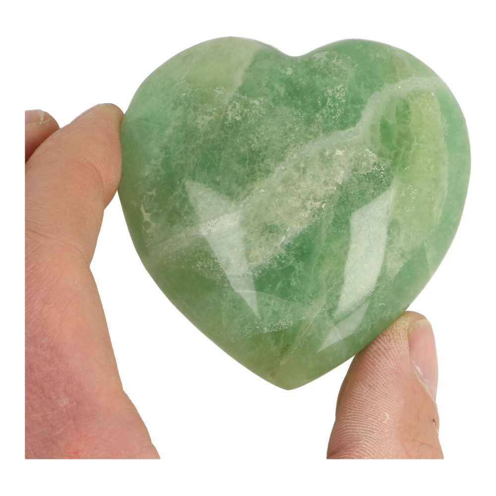 Fraai groene fluoriet hart van 68mm breed uit Madagaskar - in hand