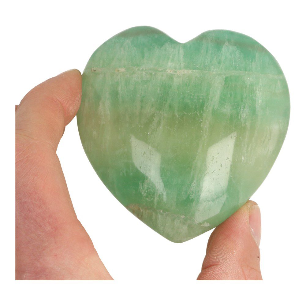 Prachtig helder groen fluoriet hart van 8cm breed - in hand