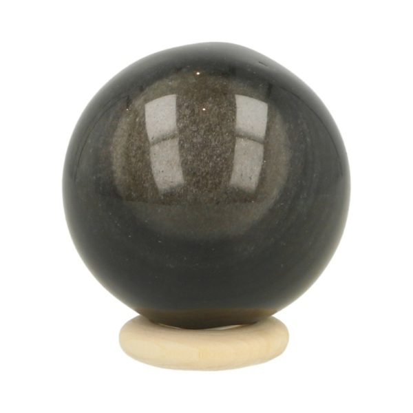 Goudglans obsidiaan bol van 35cm doorsnede op houten ring
