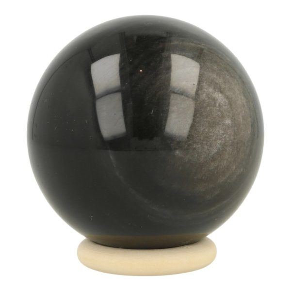 Fraaie goudglans obsidiaan bol met diameter van 66mm op houten ring