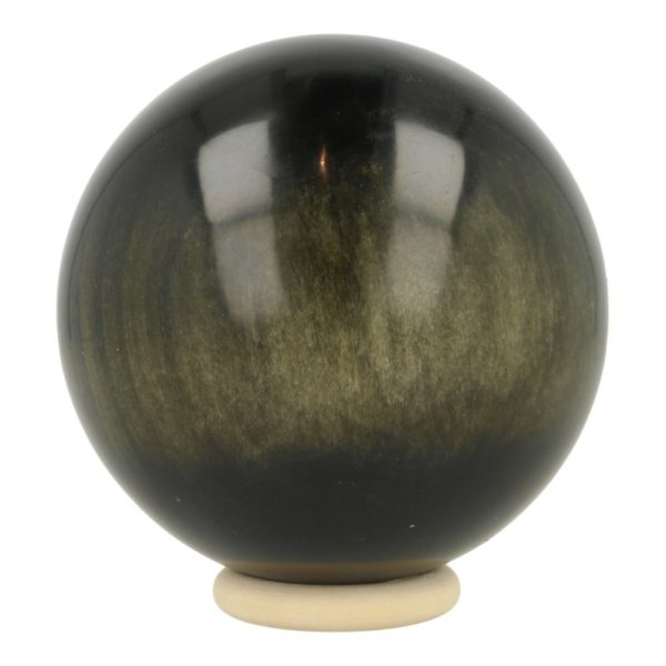 Bijzondere goudglans obsidiaan bol met diameter van 86mm op houten ring