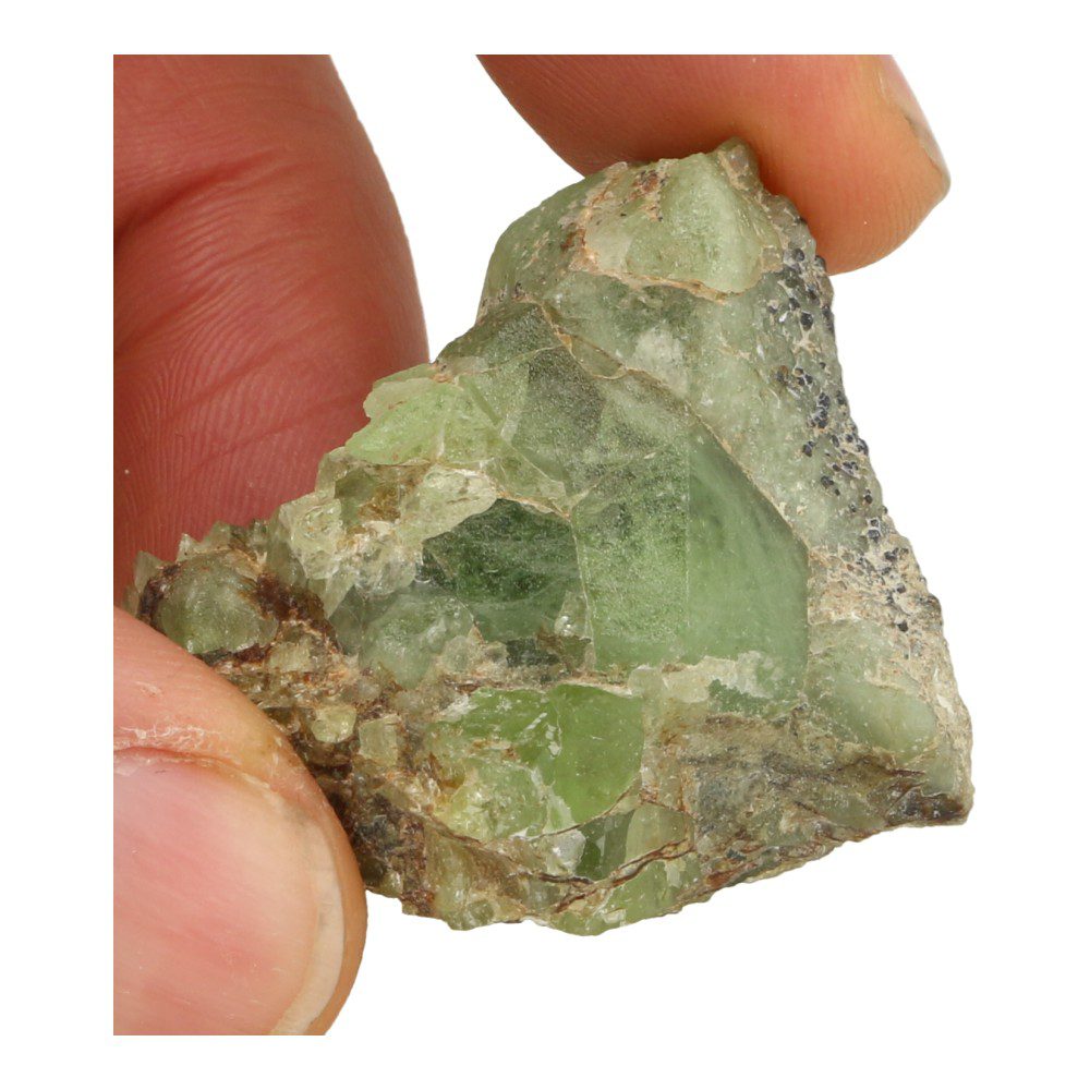 Mooi stukje ruwe peridoot uit Pakistan van 4,5cm met mooie kristallen, detail in hand nr2