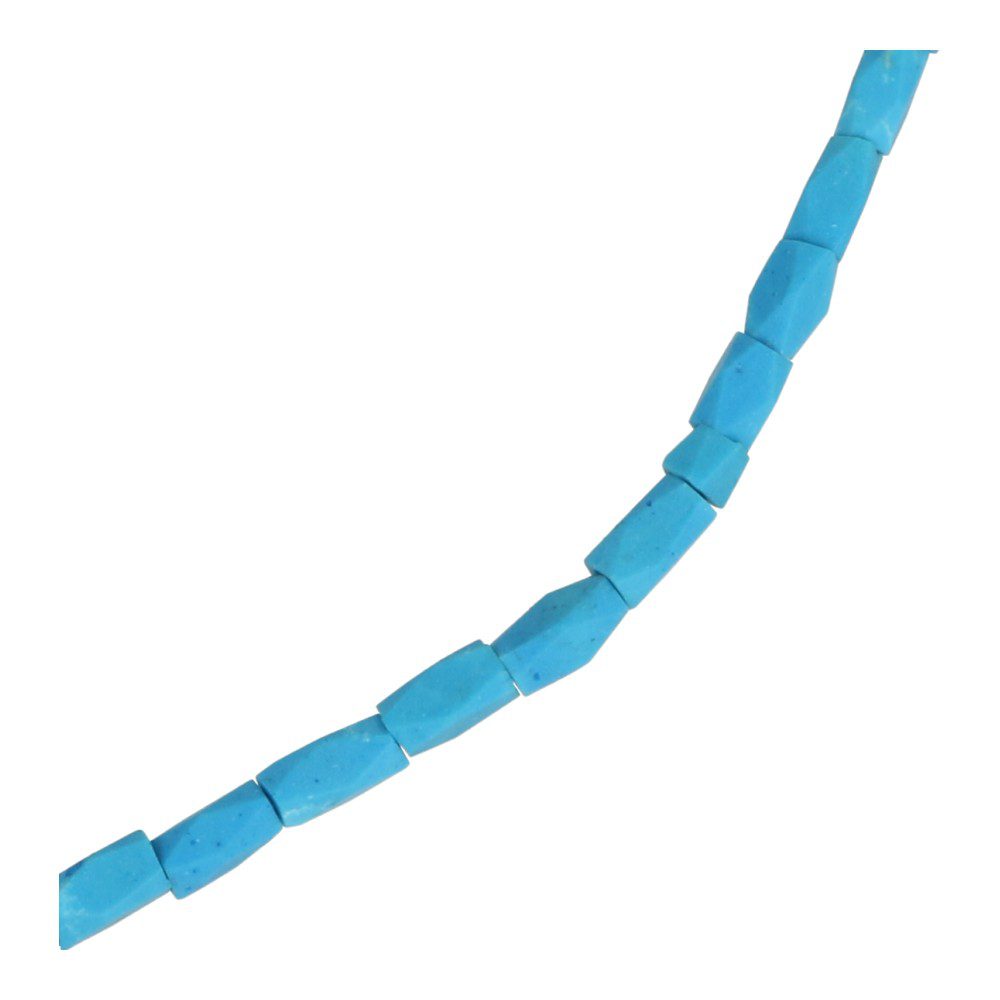 Fraaie helderblauwe turquoise ketting met langwerpige kralen van 4mm breed en 4-6mm hoog en een lengte van 45cm - detail kralen