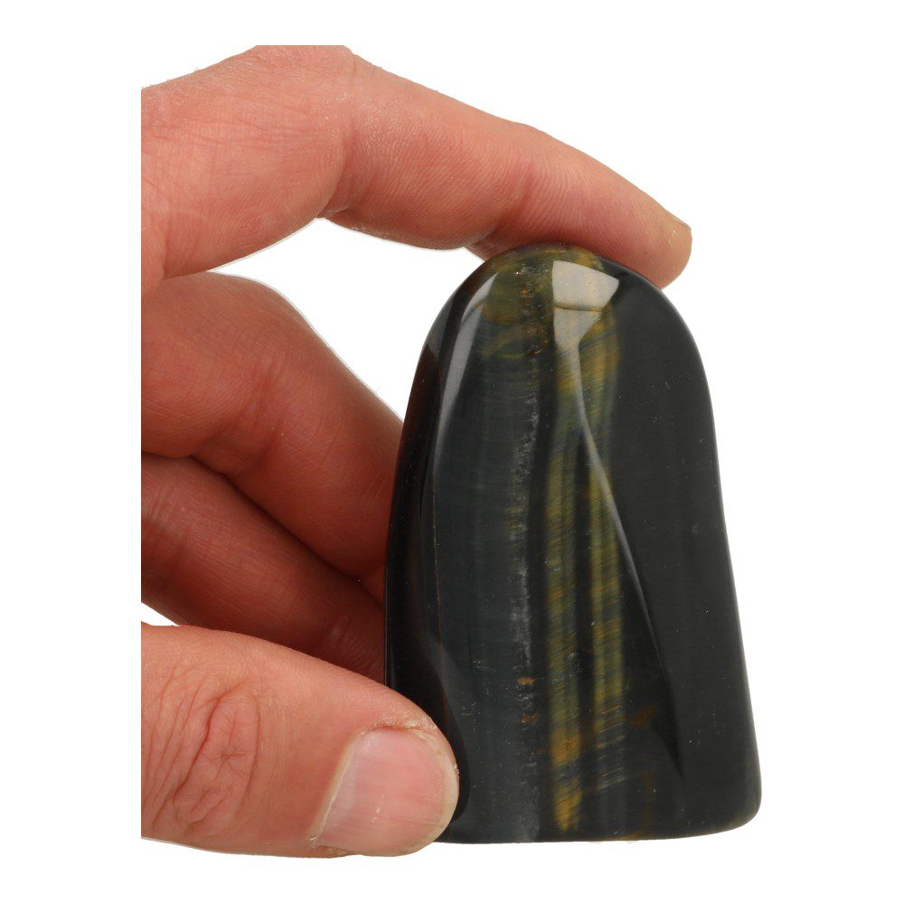 Mooie donkere blauw met gele tijgeroog gepolijste vorm van ruim 7cm hoog - in hand