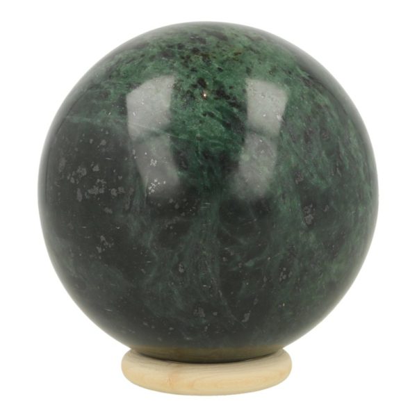 Fraaie grote jade bol met diameter van 87mm op houten ring
