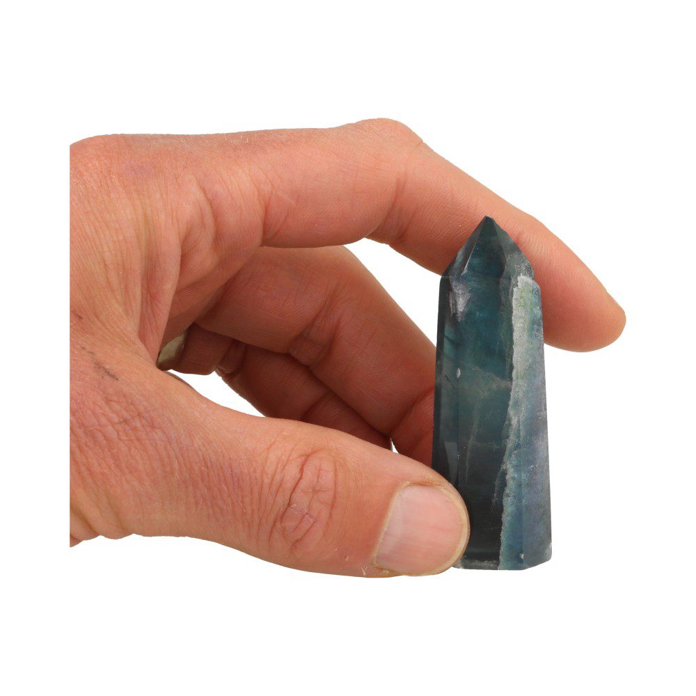 Blauwe fluoriet toren van 6,5cm hoog - met hand