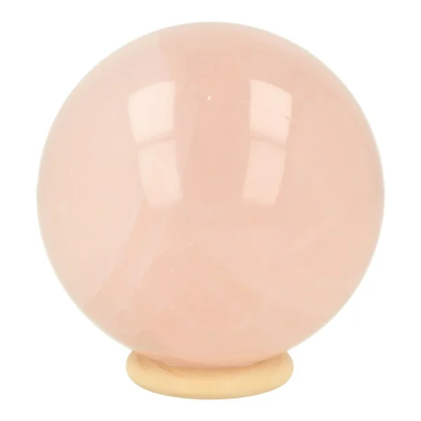 Mooie kwaliteit rozenkwarts bol met diameter van 8cm op houten ring