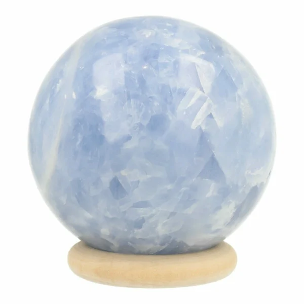 Mooie heldere blauwe calciet bol met diameter van 78cm op houten ring