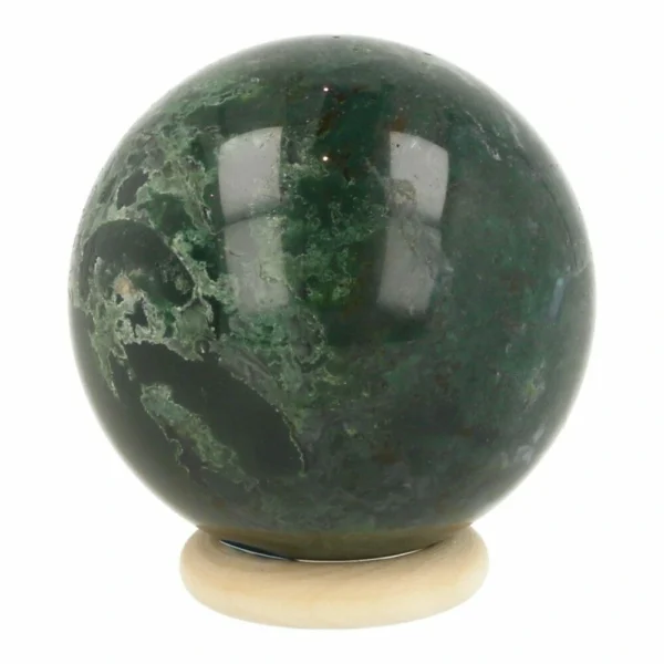Mooie donkergroene mosagaat bol van 48mm op houten ring