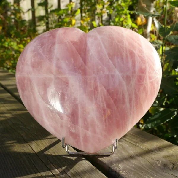 Fraai rozenkwarts hart XL van maar liefst 19cm breed op zilverkleurige standaard.