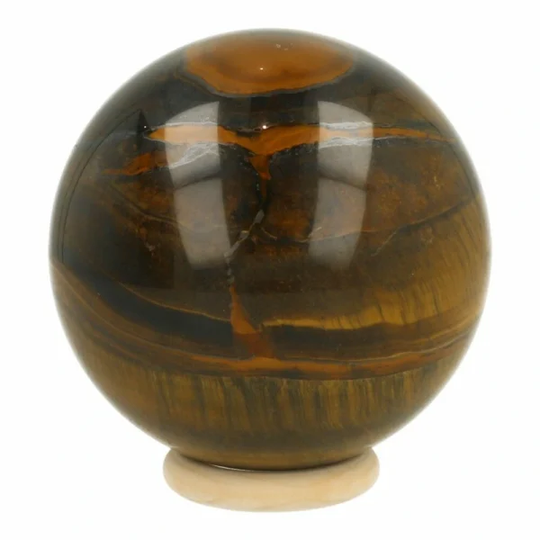 Unieke tijgeroogbol met mooie glans en een diameter van 89mm op houten ring