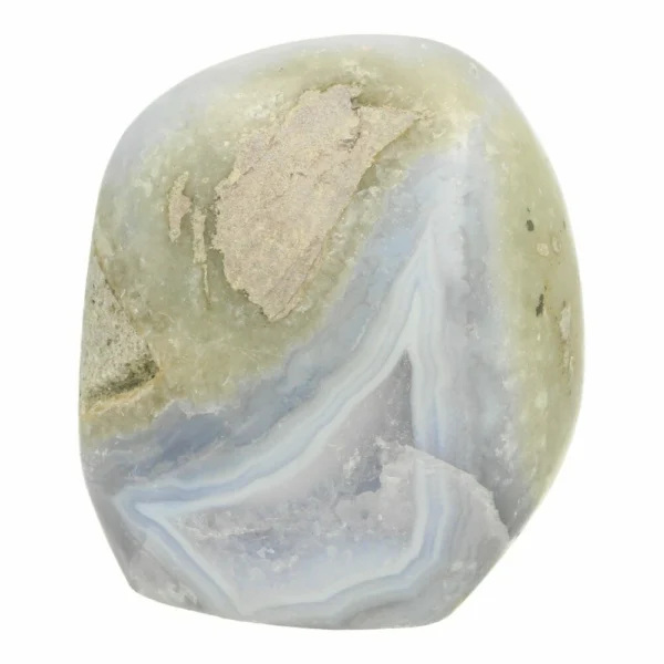 Fraaie blauwe chalcedoon vrije vorm 'nr1' uit Malawi met holte en mooi lijnenspel