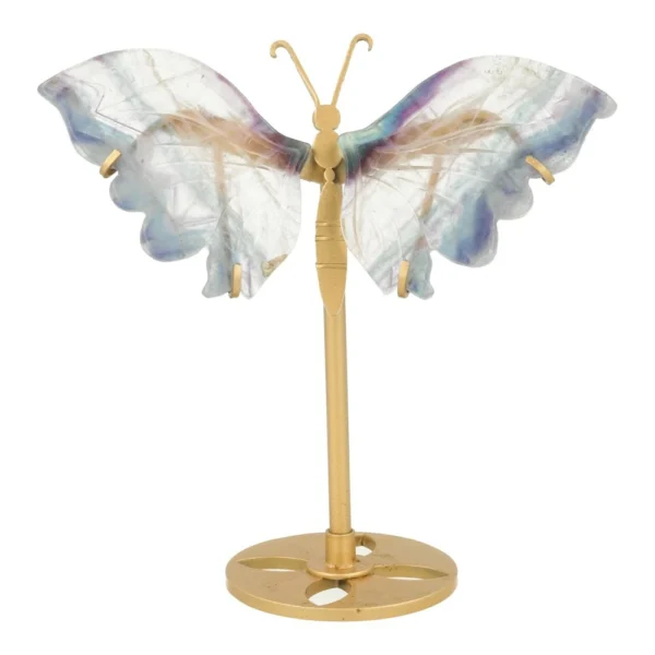 Fraaie lichte regenboog fluoriet vlinder op goudkleurige standaard nr1