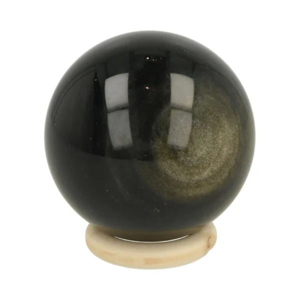 Mooie goudglans obsidiaan bol met diameter van 53mm op houten ring