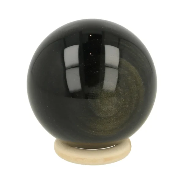 Fijne goudglans obsidiaan bol met diameter van ruim 55mm op houten ring