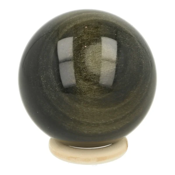 Mooi gebalde goudglans obsidiaan bol met diameter van 57mm op houten ring