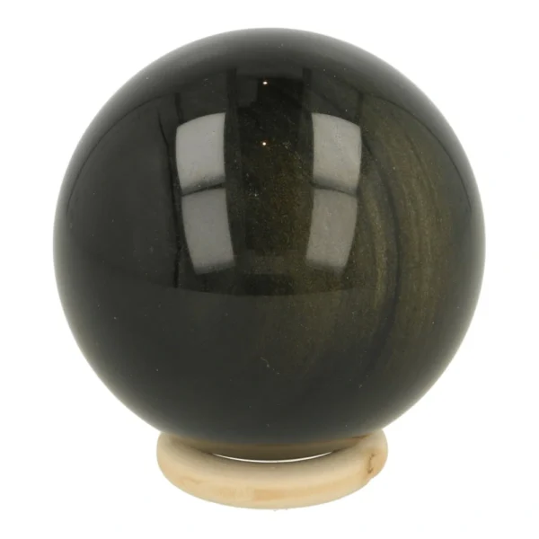 Fijne goudglans obsidiaan bol met diameter van 61mm op houten ring